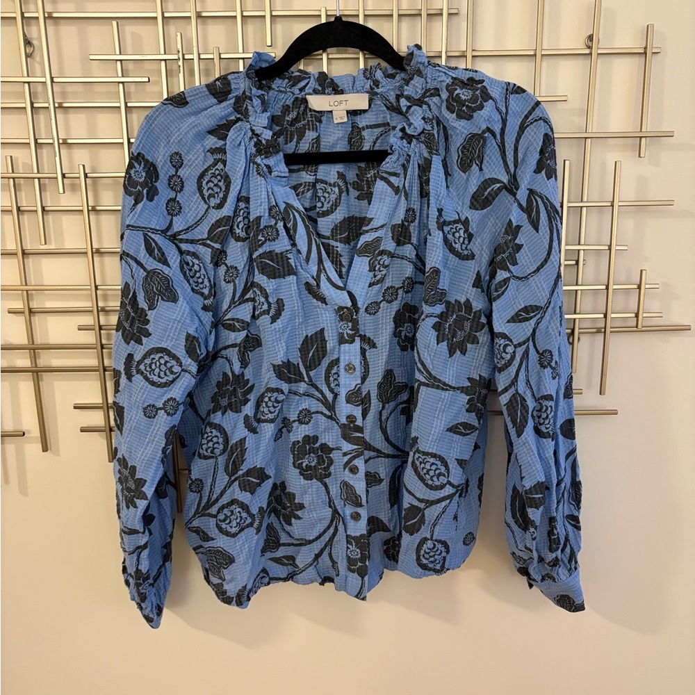 LOFT Blue and Black Floral Blouse